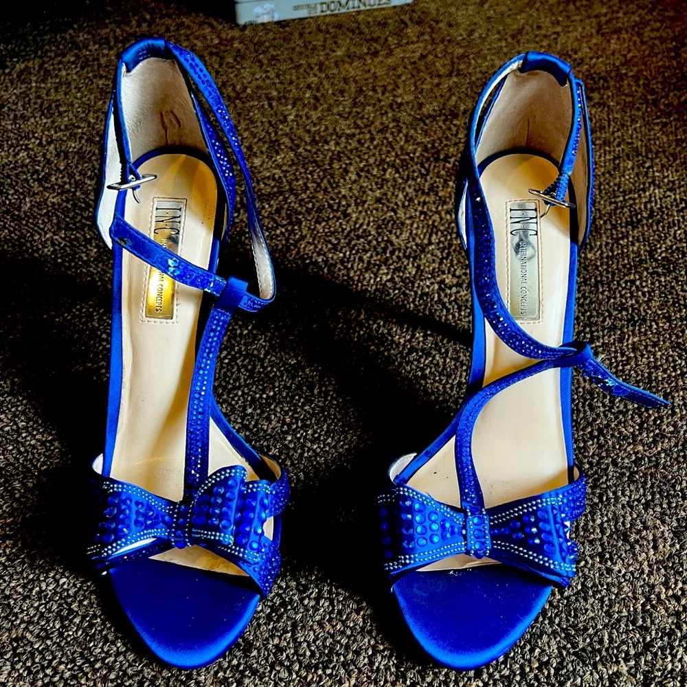 Inc T strap rhinestone bow heels